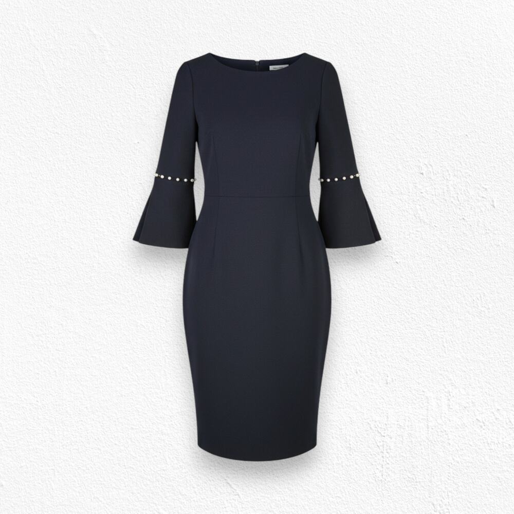 Calvin Klein Black Bell Sleeve Boat Neck Bodycon Knee Length Dress Size 6